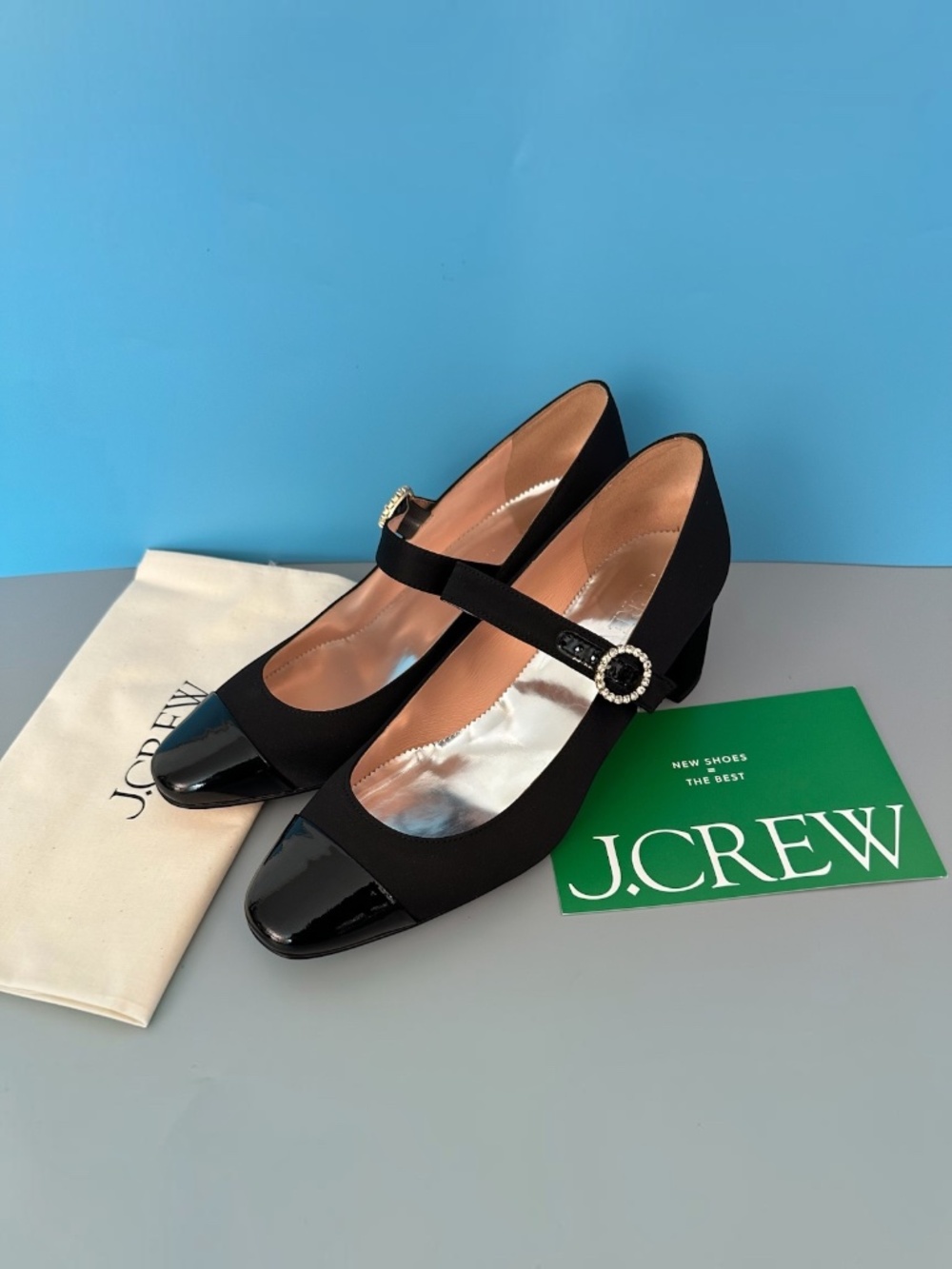 NWT J.Crew Millie Mary Jane Heels Satin Leather Cap Toe Crystal Buckle Black 9